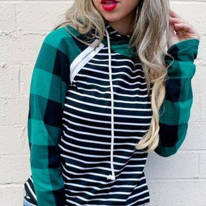 Amoli Plaid and Stripes Side Zipper Hoodie